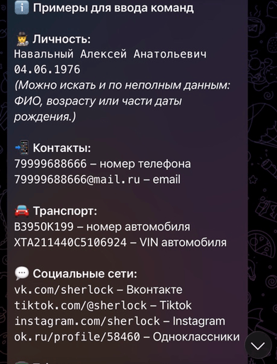 Интерфейс главного меню телеграм бота для пробива информации